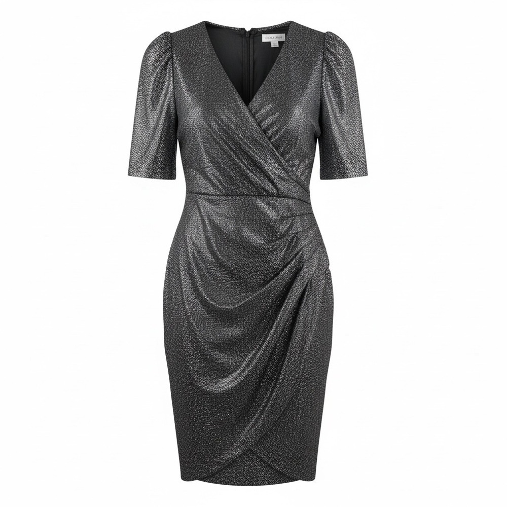 Calvin Klein Sheath Dress sz‎ 6 Silver Metallic Ruched Faux Wrap cocktail